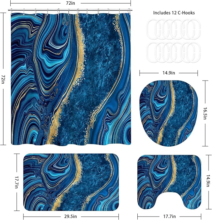 4PCS Blue Gold Marble Shower Curtain Sets with Rugs, Abstract Bathroom Sets with Shower Curtain and Rugs, Modern Bathroom Curtains Shower Set with Toilet Lid Cover for Bathroom Decor