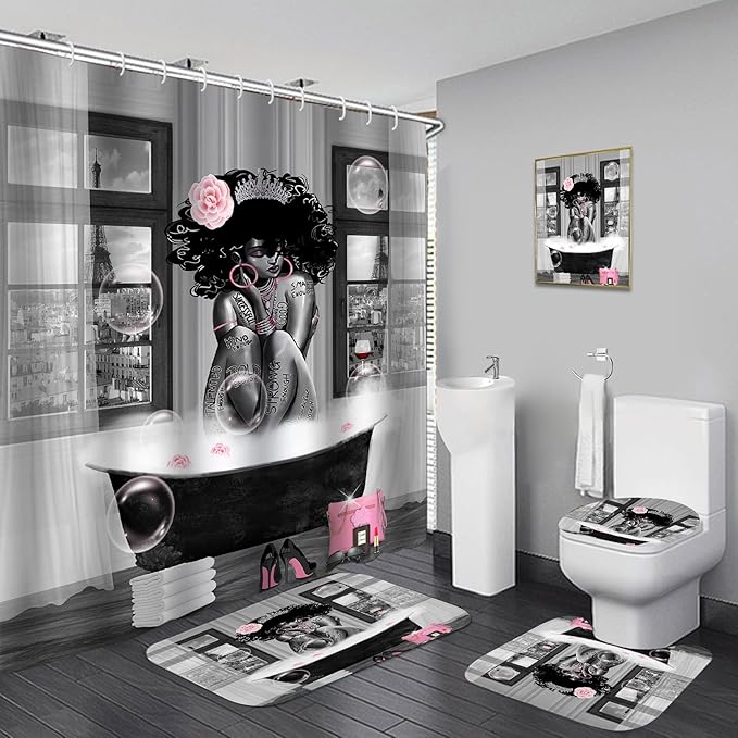 5Pcs Black Girl Shower Curtain Set with Decorative Painting, African American Wall Painting Bathroom Sets with Shower Curtain and Rugs, Trendy Women’s Bathroom Pictures for Wall Art Decor