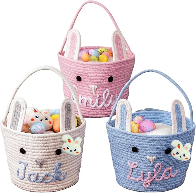 JUPPE Personzlized Easter Bunny Basket with Kids Name, Custom Easter Storage Organizer Basket Cotton Rope Nursery Decor Easter Gift (Easter Bunny)