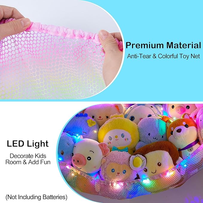 Unicorn Castle Stuffed Animals Net or Hammock Kids Toy Storage Organizer with LED Light Hanging Corner Stuffed Animals Holder Kids Girls Room Decor,Rainbow-A,Large (Pack of 2)