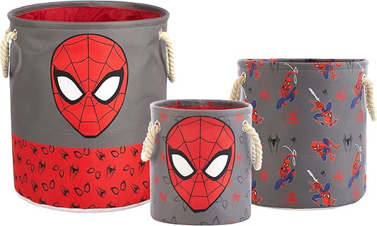 Marvel Spiderman 3-Piece Toy Storage Basket Set – Nesting Fabric Bins with Rope Handles, Multi-Size Organizer for Kids' Toys, Clothes & Accessories, Bedroom or Playroom Decor