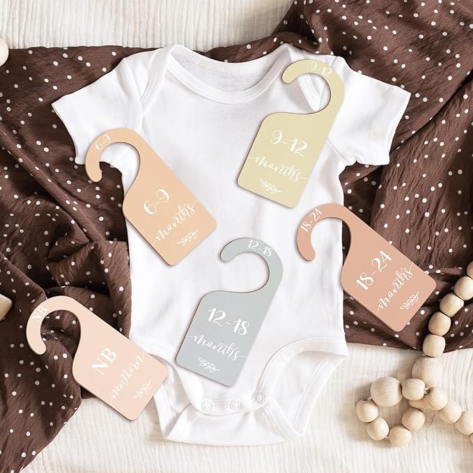 Whaline 7Pcs Boho Wood Baby Closet Size Dividers With Yellow Velvet Bag Newborn to 24 Month Thicken Infant Wardrobe Hanger Organizers for Home Nursery Party Supplies