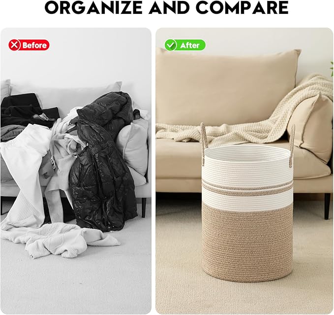 Woven Laundry Hamper Tall Rope Storage Basket for Blanket oys Dirty Clothes in Living Room Bathroom Bedroom (Brown&White, 80L/21.3Gal)