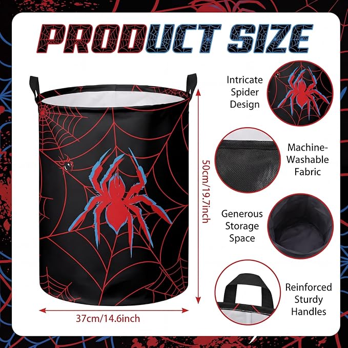2 Pcs Spider Laundry Hamper Basket Large 17.32 x 13.78 Inch Round Collapsible Spider Toy Storage Organizer Basket Bin with Waterproof Layer for Closet Bedroom Playroom Nursery Toy Dirty Cloth