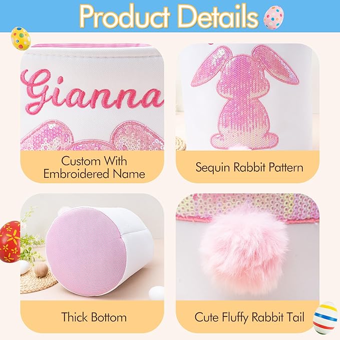 MT WORLD Toddler Easter Bunny Basket Personalized Easter Egg Hunt Bucket for Kids with Name Canvas Rabbit Bucket Tote for Baby Boys Girls Easter Party Decorations Candy Gifts Storage (Pink Glitter)