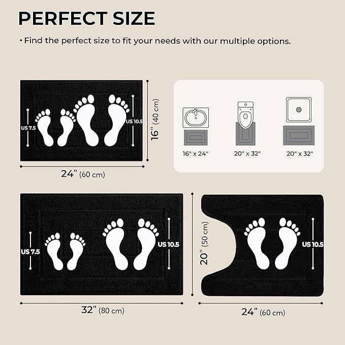 GRANNY SAYS Bathroom Rugs Sets 3 Piece, Soft Absorbent Microfiber Bath Mats for Bathroom Non Slip Washable, U-Shaped Toilet Bath Rugs for Tub Shower (Black, 16" x 24" + 20" x 32" + U Shaped 20" x 24")