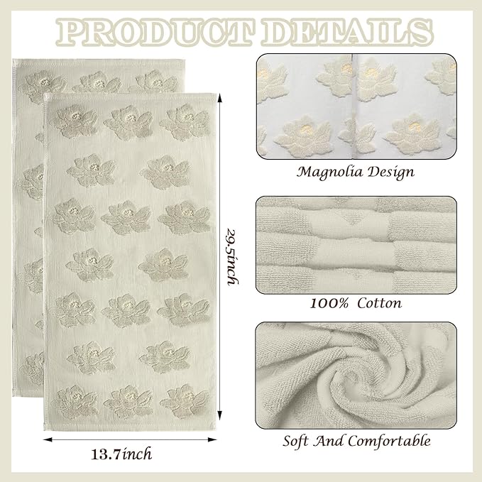 2pcs Magnolia Hand Towels for Bathroom Decorative Towels Set 100% Cotton Beige Jacquard Spring Summer Floral Bath Towels Dish Kitchen Towels Kitchen Bathroom Decor Gift (Magnolia Beige)