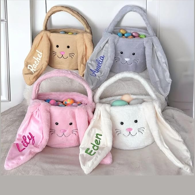 Personalized Easter bunny basket, Plush Embroidered Easter basket, Bunny Basket with Name,Easter egg hunt basket,Custom Easter Bucket (Brown)