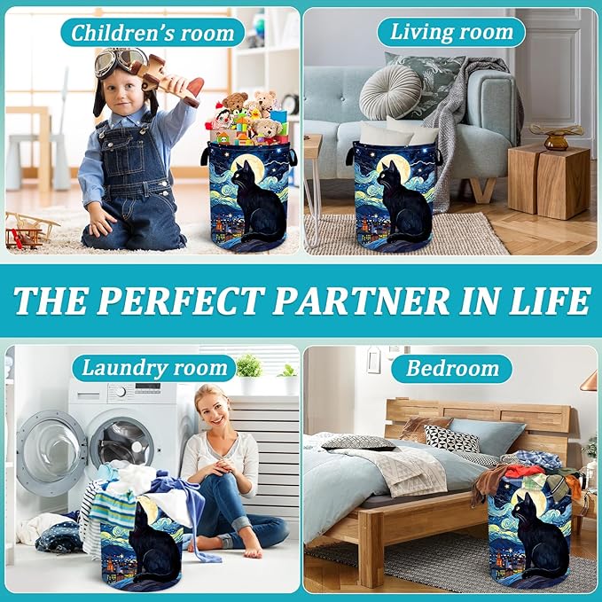 Starry Night Cat Laundry Basket, Foldable Waterproof Oxford Cloth Moon Laundry Hamper Funny Tote Bag Dirty Clothes Storage Bucket Toy Organizer for Bathroom/Laundry/Bedroom 15.7"x19.6"