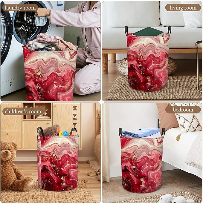 Pink Marble Print Laundry Hamper for Women Girls, Large Canvas Collapsible Organizer Storage Basket for Nursery,Office,Toy Organizer,Home,Decor - 19.7" X 15.7 "