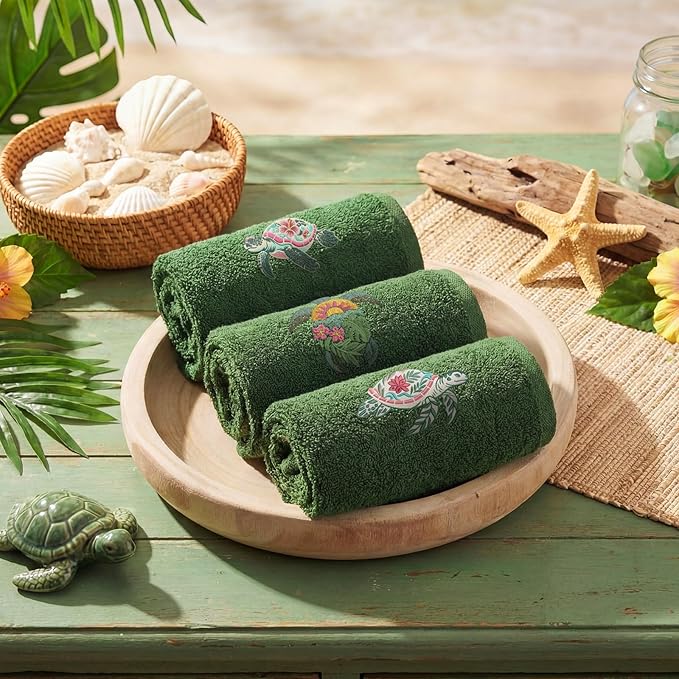 3 Pack Hibiscus Sea Turtle Beach Hand Towels for Bathroom 100% Cotton Embroidered Coastal Bathroom Towels 13.78 x 29.53'' Soft Absorbent Ocean Bath Towel Gift for Holiday Summer, Olive Green