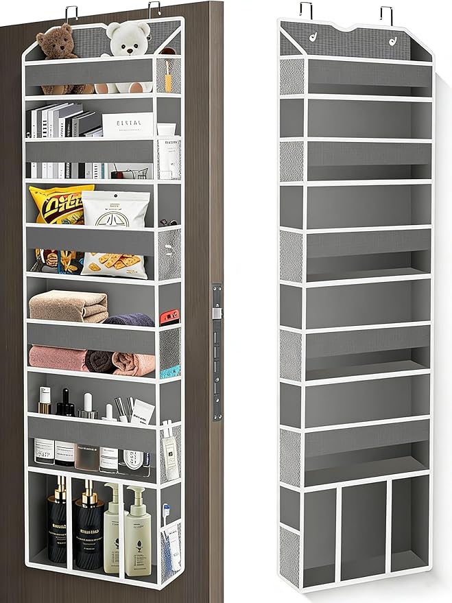 Over The Door Organizer Closet,6 Bins 12 Side Pockets,Hanging Organizer,Anti Tilt 50 lbs Load Organizers and Storage with Clear Window for Bedroom,Nursery,Rv,Bathroom,Camper(Grey)