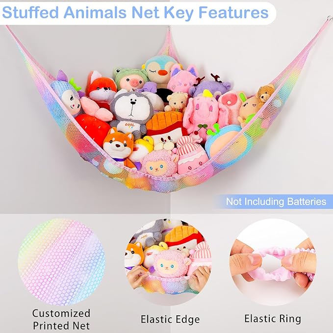 Basumee Stuffed Animals Net or Hammock with LED Light Hanging Toy Net Hammock for Stuffed Animals Storage Stuff Animals Hammocks for Nursery Room with Remote Control, 8 Kinds of Lights(Pack of 1)