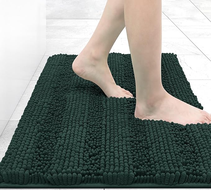 Grandaily Chenille Striped Bathroom Rugs 24x16, Extra Thick and Absorbent Bath Mats, Non-Slip Soft Plush Shaggy Shower Carpet, Machine Wash Dry, Bath Rug for Bathroom, (Small, Dark Green)