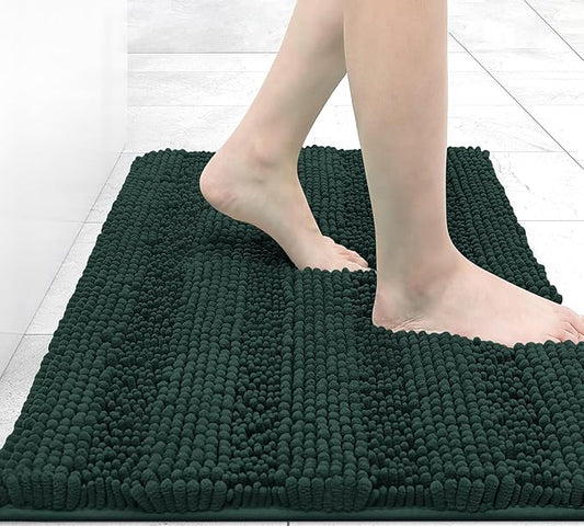 Grandaily Chenille Striped Bathroom Rugs 24x16, Extra Thick and Absorbent Bath Mats, Non-Slip Soft Plush Shaggy Shower Carpet, Machine Wash Dry, Bath Rug for Bathroom, (Small, Dark Green)