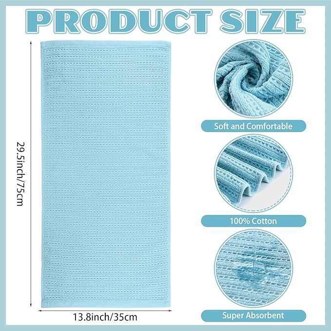 4 Pack Turquoise Kitchen Towels Waffle Striped Pattern 100% Cotton Soft Hand Towels for Bathroom 13 x 29 Inch Absorbent Waffle Washcloths for Bathroom Kitchen