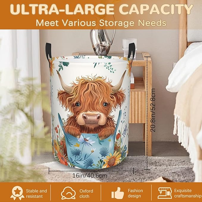 Highland Cow Large Storage Basket,Colorful Flowers Laundry Hamper/Bathroom/Home Decor/Collapsible Round Storage Bin,Boys Girls Dirty Clothes Hamper/Boxes/Toys Storage 16x20 Inch