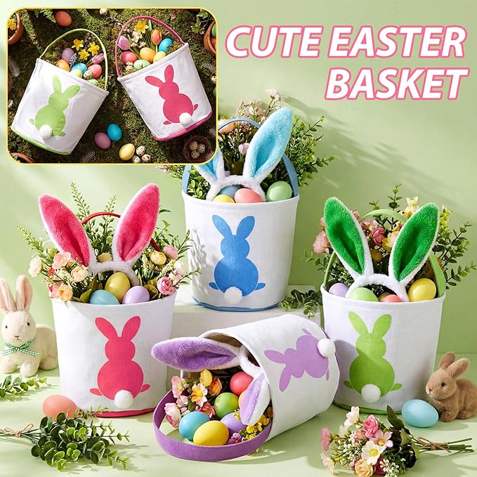 Domensi 4 Pcs Bunny Easter Basket Bags with 4 Plush Bunny Headband for Kids Adults Small Canvas Easter Baskets Bulk for Egg Hunt Favor; 9 x 9.45 Inches