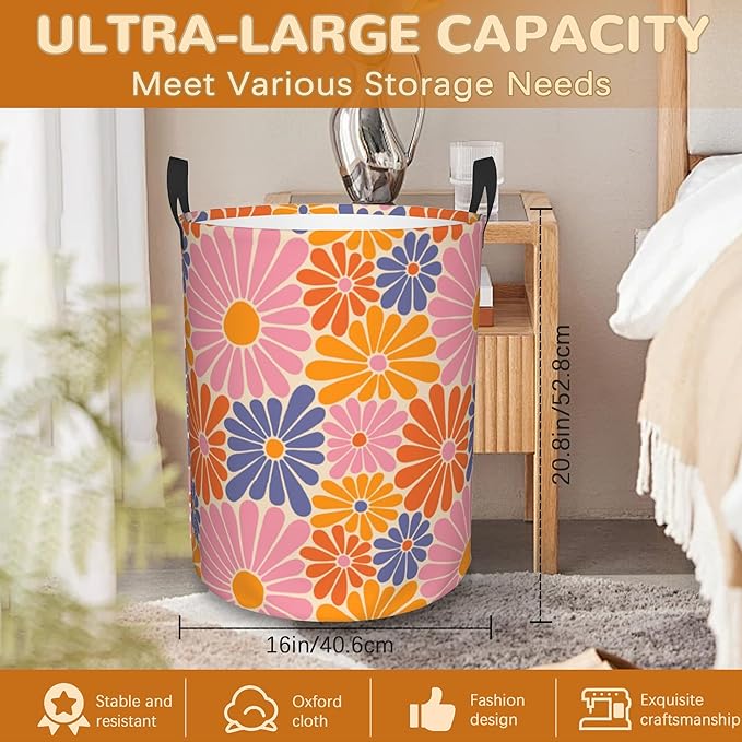 Groovy Daisy Flowers Collapsible Laundry Basket,70s Hippie Retro Bedroom Waterproof Laundry Hamper,Bathroom Large Storage Bag,College Dormitory Living Room Nursery Organizer Toy Bin 16" x 20"