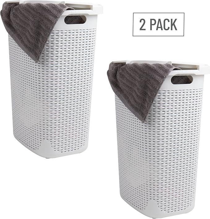 Mind Reader Slim Laundry Hamper with Lid, 60L Clothes Baskets, Premium Wicker Design, Plastic, 2-Pack, White
