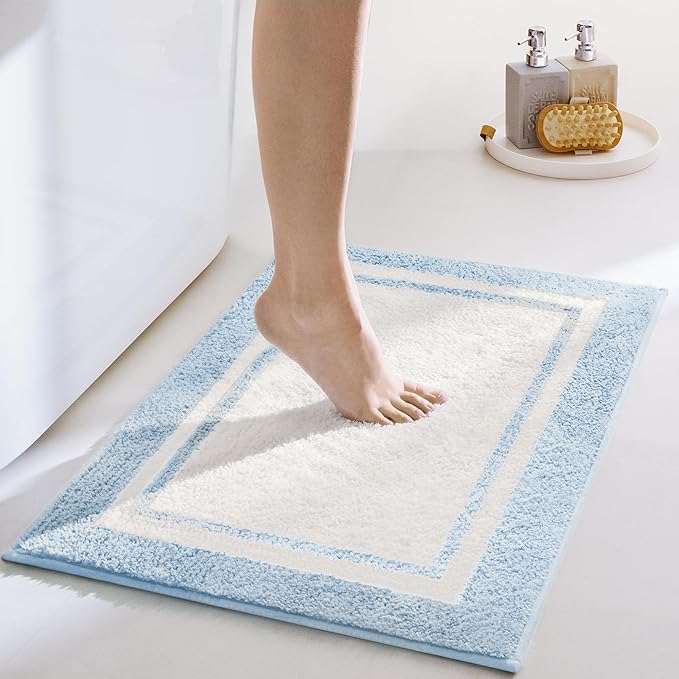 GRANNY SAYS Microfiber Bathroom Rugs Non Slip Washable, Water Absorbent Bathroom Mats for Tub Non Slip, Soft Bath Mats for Floor & Shower, Bath Rug, 16" x 24", Black Bath Rug, Baby Blue