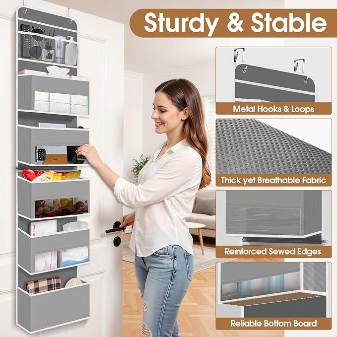 WISELIFE 6-Tier Over The Door Organizer Storage Detachable Design Door Hanging Storage Organizer with Clear Window Behind The Door Storage for Nursery Bedroom Bathroom Pantry Closet Grey
