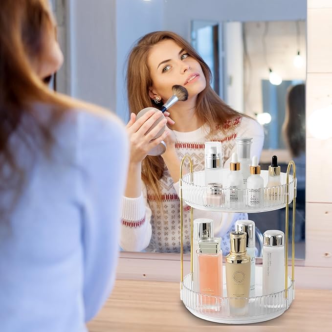 Rotating Makeup Organizer for Vanity, Skincare Make Up Storage Perfume Organizers for bathroom countertop, Clear Cosmetic Organizer for Dresser, Lipstick Hair product Spinning Stand Organizer (2 Tier,