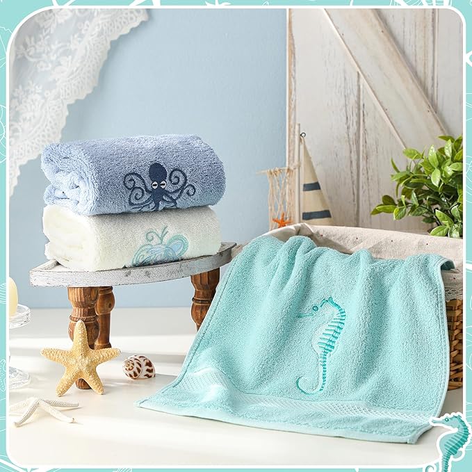 3 Pack Coastal Hand Towels for Bathroom 100% Cotton Embroidered Bathroom Towels 13.78 x 29.53 Inch Beach Hand Towels Soft Absorbent Cotton Towel (White, Blue Gray, Teal Aqua,Sea)
