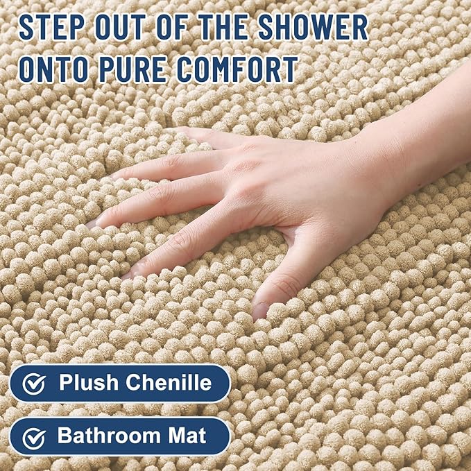Grandaily Chenille Striped Bathroom Rugs 24x16, Extra Thick and Soft Absorbent Bath Mats, Rubber Backing, Plush Shaggy Shower Carpet, Machine Wash Dry, Bath Rug for Bathroom, Light Beige