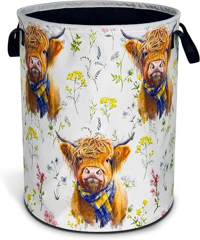 Highland Cow Laundry Basket Flower Foldable Oxford Cloth Funny Tote Bag Laundry Hamper Clothes Storage Bucket Organizer For Bathroom/Laundry Storage/Bedroom Storage Basket 17.7x13.7