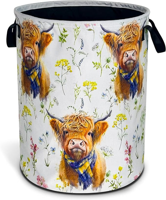 Highland Cow Laundry Basket Flower Foldable Oxford Cloth Funny Tote Bag Laundry Hamper Clothes Storage Bucket Organizer For Bathroom/Laundry Storage/Bedroom Storage Basket 17.7x13.7