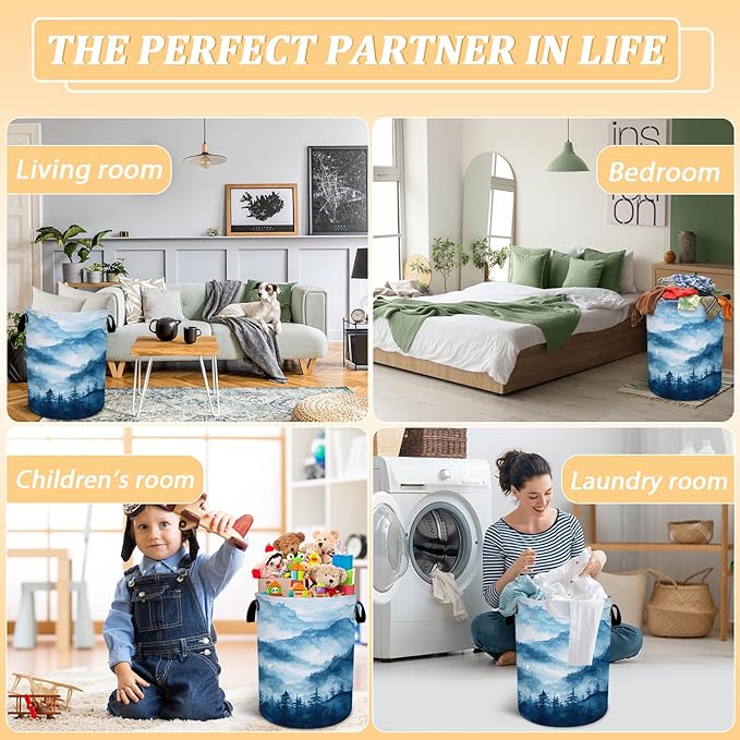 Blue Mountain Forest Laundry Basket, Foldable Waterproof Oxford Cloth Laundry Hamper Funny Tote Bag Dirty Clothes Storage Bucket Toy Organizer for Bathroom/Laundry/Bedroom 15.7"x19.6"