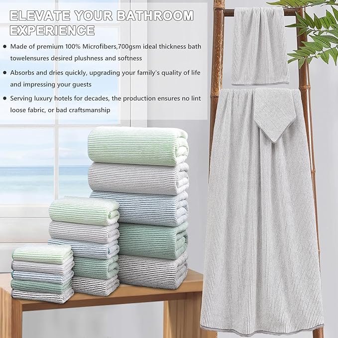 8-Piece Premium Towel Set for Bathroom|2 Oversized Large Bath Sheet,2 Hand Towels,4 Washcloths|Soft Cozy Highly Absorbent Fast Dry Microfiber Shower Towel Set for Hotel Bathroom Essentials,Beige White