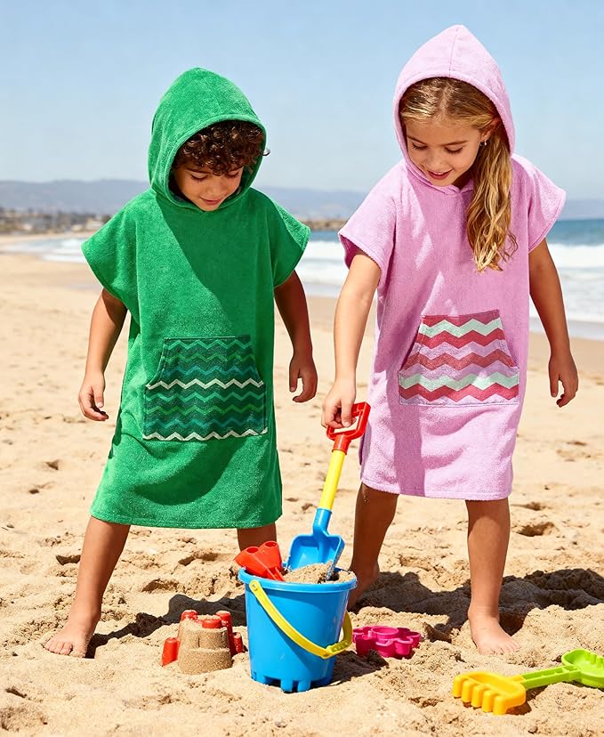 MissShorthair Towel Poncho for Kids, Hooded Beach Towel for Girl&Boy, Surf Poncho Swim Changing Robe Microfiber Bath Towel 11-14 Years Green