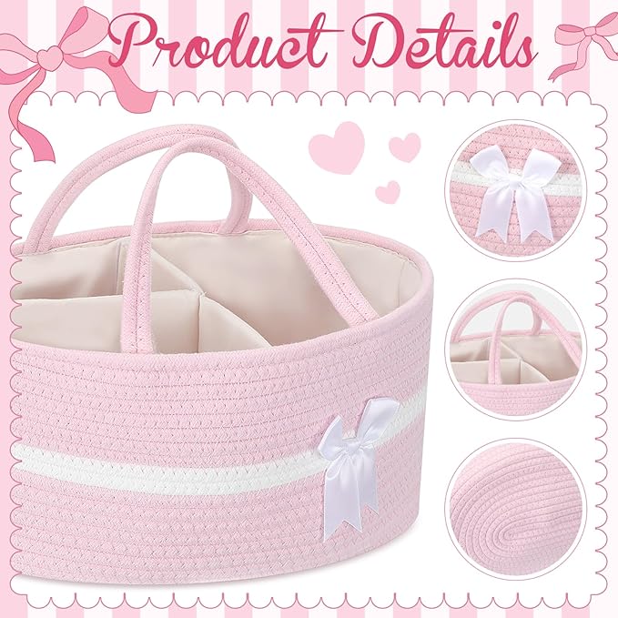 Yinkin 1 Pcs Valentine's Day Woven Large Storage Basket with Handles and Removable Divider Gift Baskets with Bow for Closet Bedroom Nursery Toys Organizing, 14.17 x 8.66 x 7.09 Inches(Pink and White)