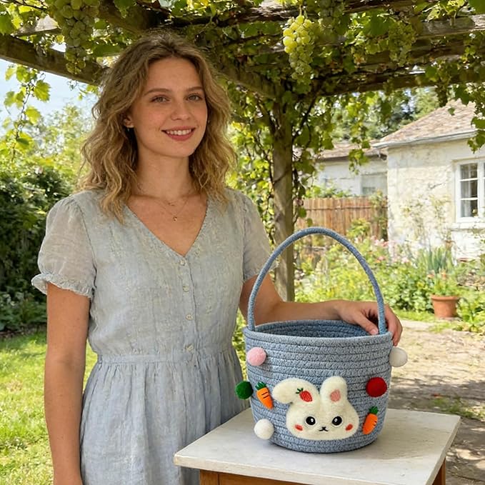 Cute Rabbit Easter Basket, 2026 New Soft & Durable Woven Easter Bunny Basket for Egg Hunt, Personalized Easter Basket with Handle for Boys, Girls, Easter Party Supplies (Blue 7.87 Inches)