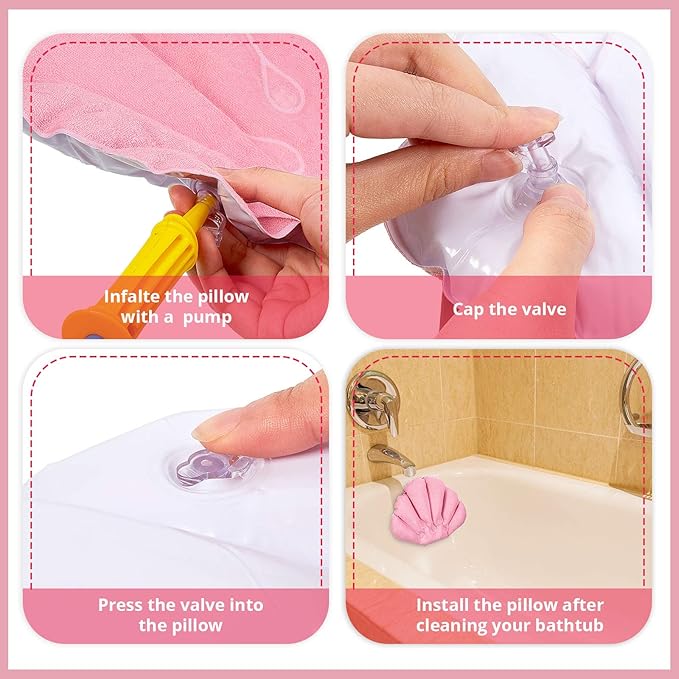 3 Pieces Inflatable Bath Pillow with Suction Cups, Terry Cloth Covered Shell Shape Bathtub Spa Pillow Comfortable Soft Cushion, Neck Support(Pink, Green, White)