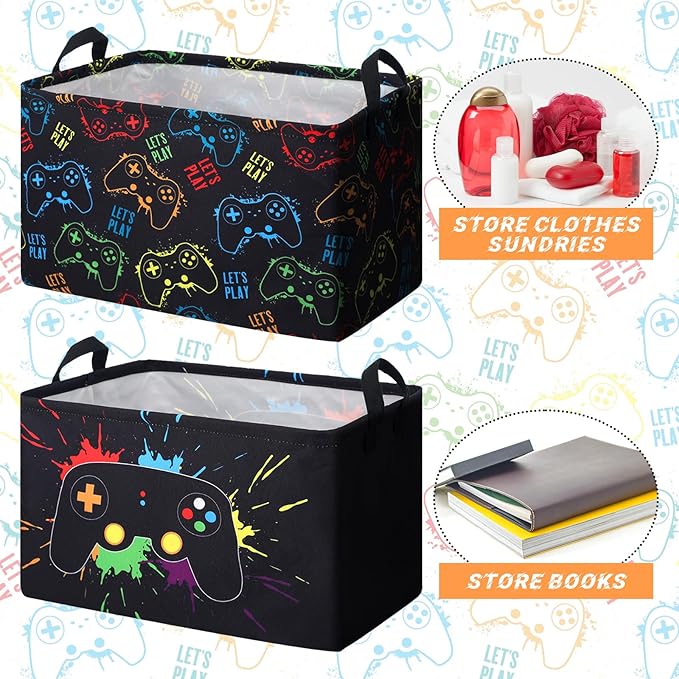 2 Pcs Rectangle Gamer Laundry Basket Hamper Foldable Kids Laundry Baskets Boys Hamper Waterproof Game Joystick Storage Basket Clothes Toys Organizer for Boys Bedroom Easter Gifts