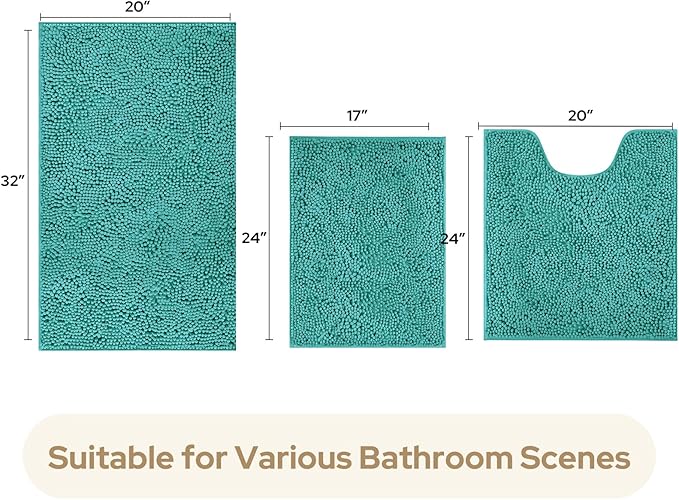 HOMEIDEAS 3 Pieces Bathroom Rugs, Ultra Soft Non Slip Absorbent Chenille Toilet Bath Mat Set (Teal)