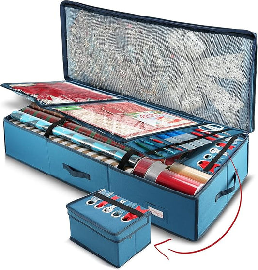 Hearth & Harbor Wrapping Paper Storage Container - Christmas Storage Bag with Ribbon Dispenser and Interior Pockets - Gift Wrap Organizer Fits Up to 26 Rolls of 40" Length, Blue