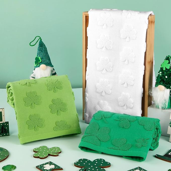 2 Pack St. Patrick's Day Hand Towels Kitchen Dish Towels White Clover Shamrocks 100% Cotton Soft Absorbent Decorative Bathroom Towels Set for Drying, Cleaning, Cooking, 13.7'' x 29.5''