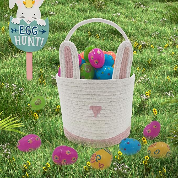 2 Pack Large Woven Easter Baskets for Kids - Boy & Girl Options, Empty Basket with Gift Bags and Ribbons Cute Easter Decorations Bunny Ears Designs (Pink+Green)