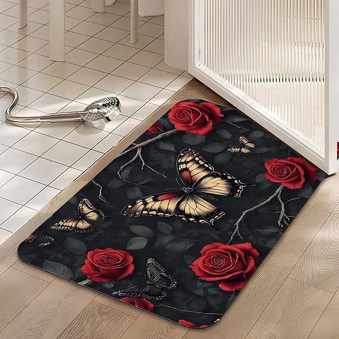 Gothic Butterfly Bathroom Rugs, Non Slip Quick Dry Red Rose Flower Bath Mats for Bathroom, Super Absorbent Diatomaceous Bathmat for Home Kitchen Thin Floor Doormat 17 X 29.5 Inch