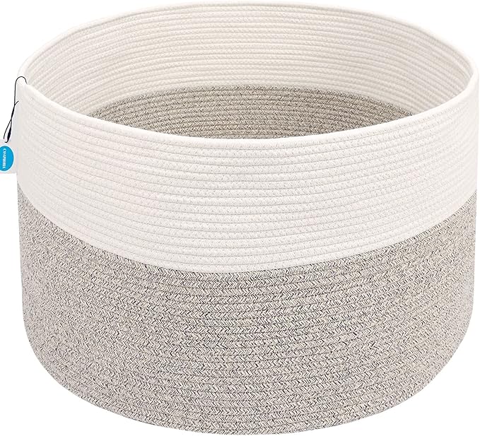 Casaphoria XXXLarge Cotton Rope Basket for Living Room - Woven Storage Basket with Handle for Blankets, Towels and Pillows Laundry Hamper | White and Brown (22" x 22" x 14")