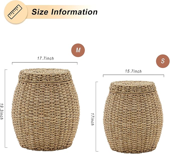 Round Wicker Basket with Lid, Handwoven Seagrass Storage Basket, Blanket Organizer Basket for Laundry, Bathroom, Bedroom, Living Room, Office