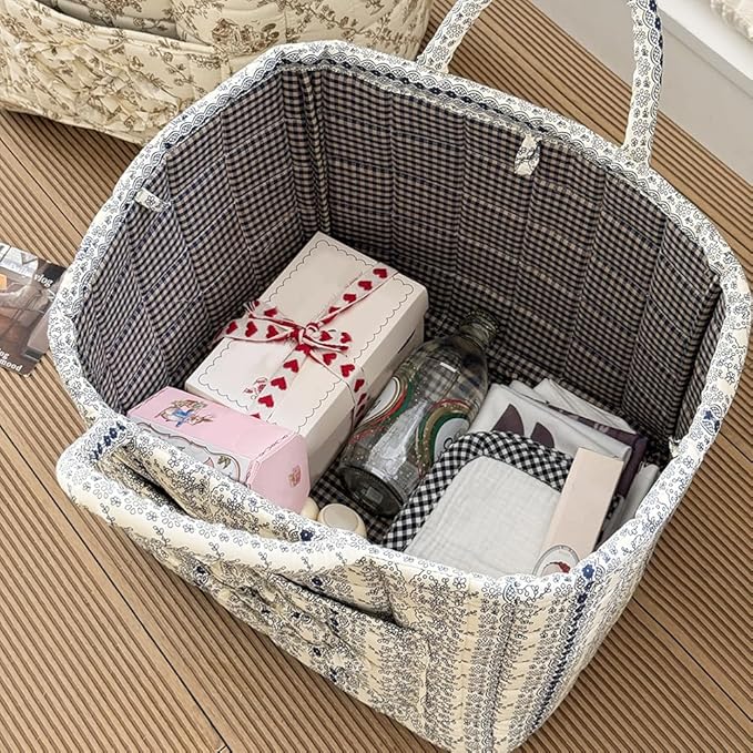 JQWYGB Foldable Laundry Basket Boho Bear Storage Basket Floral Quilted Fabric Car Storage Basket Handles Large Laundry Baskets for Clothes and Dolls