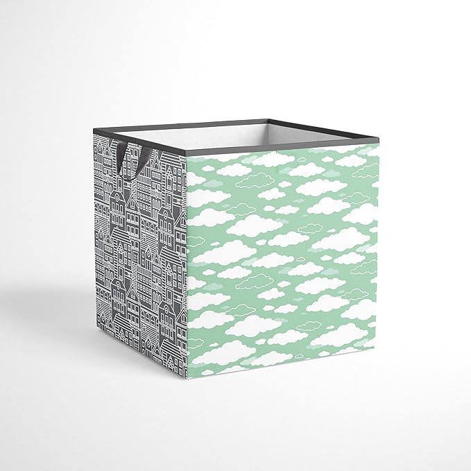 Bacati - Small Storage Tote Clouds in the City Mint/Grey Neutral 10 X 10 X 10 inches