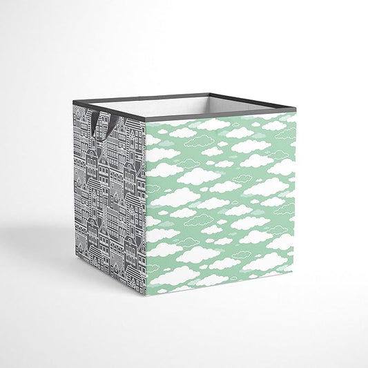Bacati - Small Storage Tote Clouds in the City Mint/Grey Neutral 10 X 10 X 10 inches