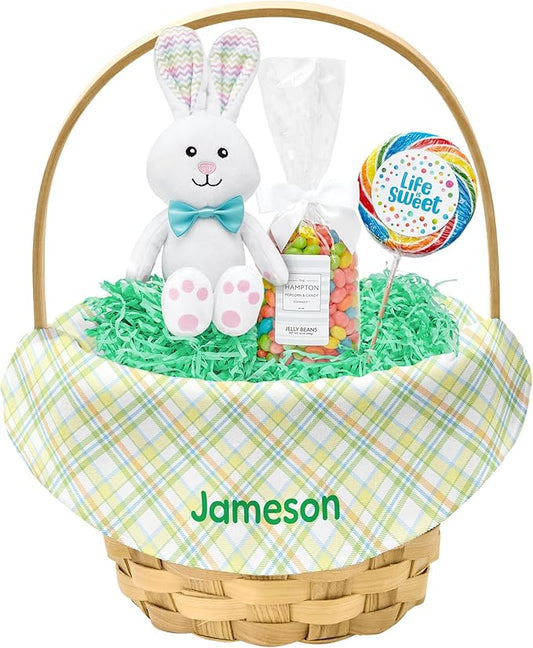 Let's Make Memories Personalized Easter Basket for Kids- For Boys - For Girls - Create Your Own - Fillable - Wicker - Easter Basket Stuffers - Large - Green Fun Plaid
