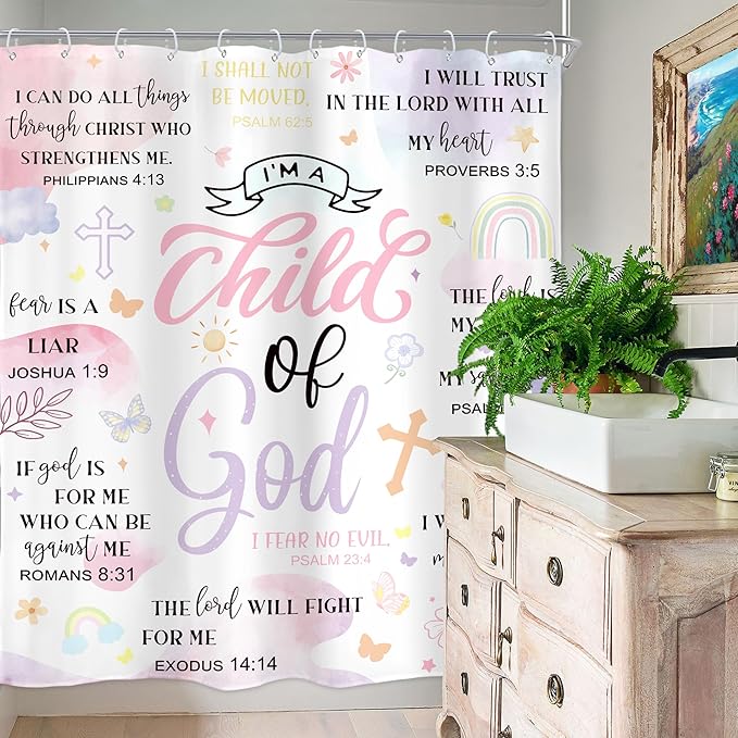 Homewelle Pink Purple Abstract Bible Verses Shower Curtain Scripture Christian Boho Mid Century Inspirational Quote 60Wx72H Inch Minimalist Geometric Plant Waterproof Polyester Fabric Bathroom Bathtub